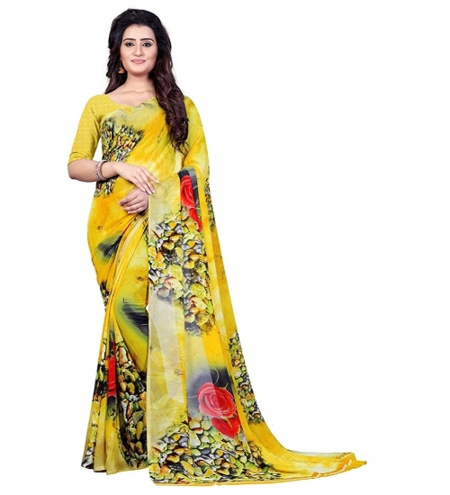 Women's Faux Georgette Printed Saree With Unstitched Blouse 5.5Mtr (Yellow)