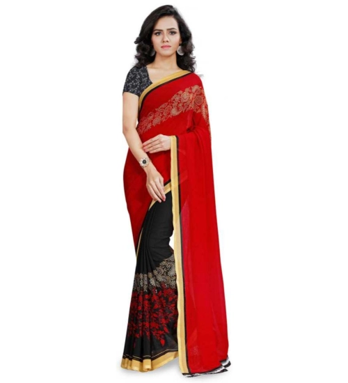 Women's Faux Georgette Printed Saree With Unstitched Blouse 5.5Mtr (Red)