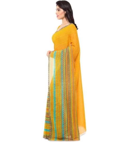 Women's Faux Georgette Printed Saree With Unstitched Blouse 5.5Mtr (Yellow)