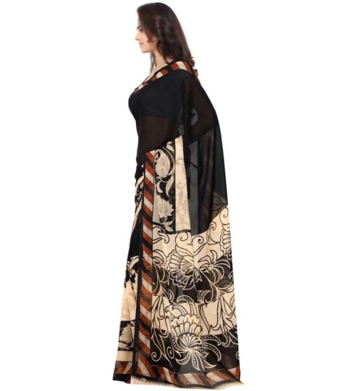 Women's Faux Georgette Printed Saree With Unstitched Blouse 5.5Mtr (Black)