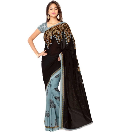 Women's Faux Georgette Printed Saree With Unstitched Blouse 5.5Mtr (Brown)