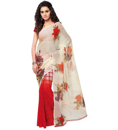 Women's Faux Georgette Printed Saree With Unstitched Blouse 5.5Mtr (Red)