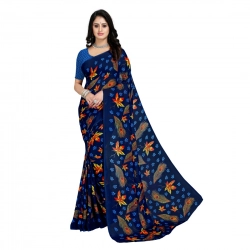 Women's Faux Georgette Printed Saree With Unstitched Blouse 5.5Mtr (Blue)