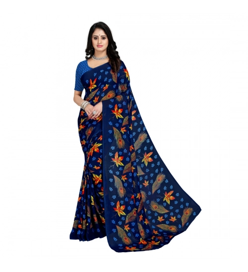 Women's Faux Georgette Printed Saree With Unstitched Blouse 5.5Mtr (Blue)