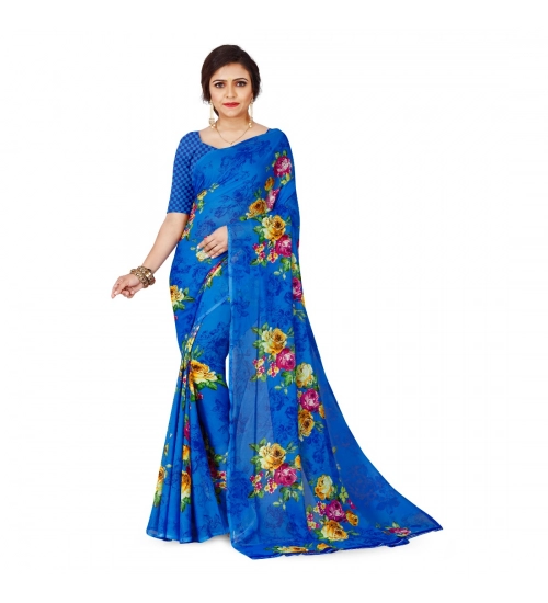 Women's Faux Georgette Printed Saree With Unstitched Blouse 5.5Mtr (Blue)