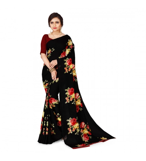 Women's Faux Georgette Printed Saree With Unstitched Blouse 5.5Mtr (Black)