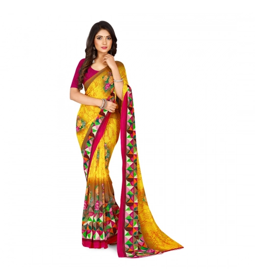 Women's Faux Georgette Printed Saree With Unstitched Blouse 5.5Mtr (Yellow)