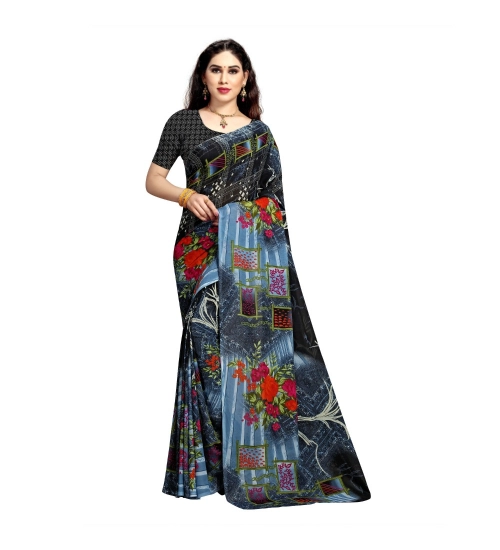 Women's Georgette Printed Saree With Unstitched Blouse 5.5Mtr (Blue)