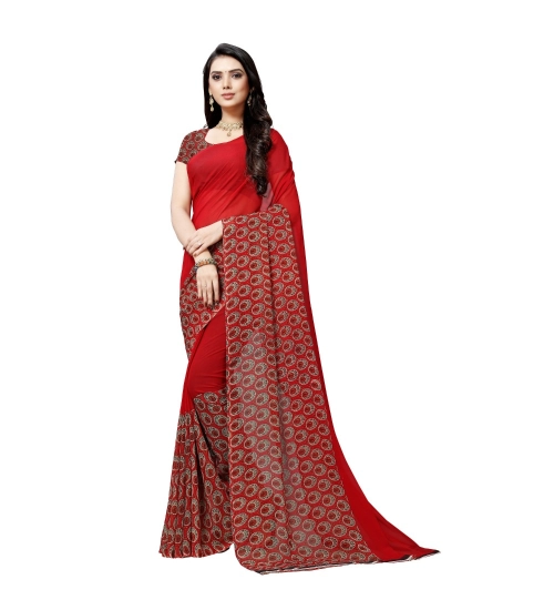 Women's Georgette Printed Saree With Unstitched Blouse 5.5Mtr (Red)