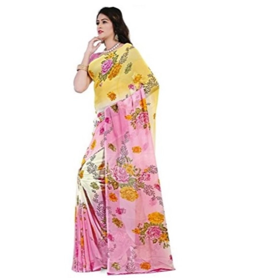 Women's Faux Georgette Printed Saree With Unstitched Blouse 5.5Mtr (Pink)