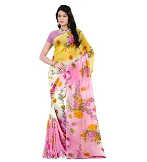 Women's Faux Georgette Printed Saree With Unstitched Blouse 5.5Mtr (Pink)