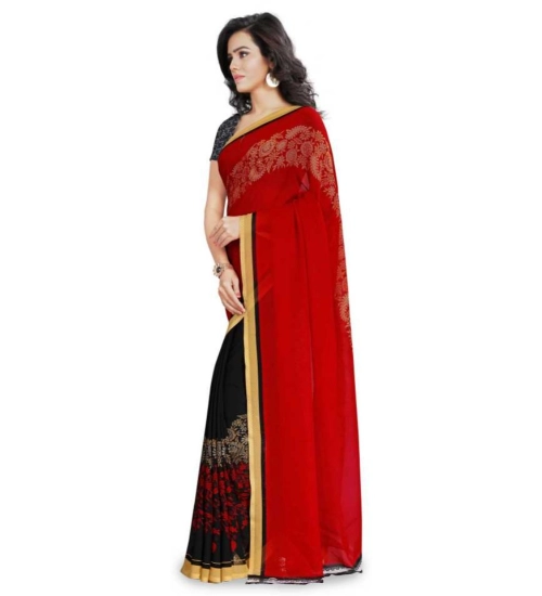 Women's Faux Georgette Printed Saree With Unstitched Blouse 5.5Mtr (Red)