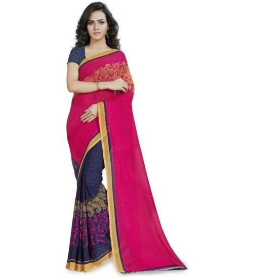 Women's Faux Georgette Printed Saree With Unstitched Blouse 5.5Mtr (Pink)