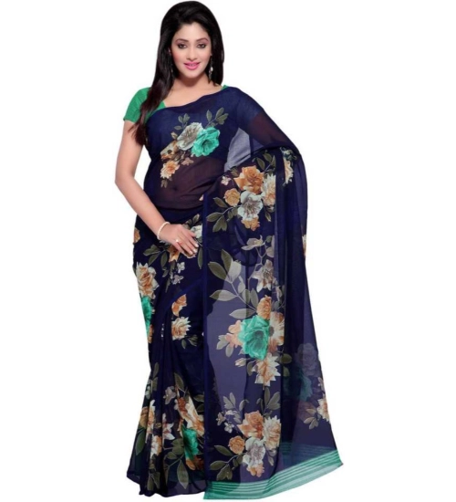 Women's Faux Georgette Printed Saree With Unstitched Blouse 5.5Mtr (Blue)