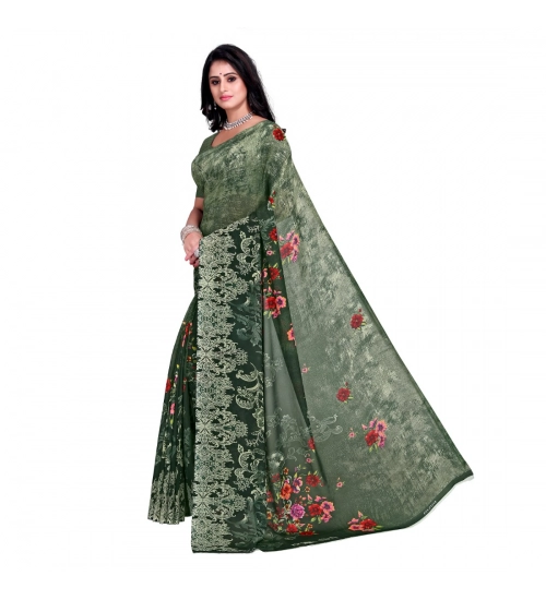 Women's Faux Georgette Printed Saree With Unstitched Blouse 5.5Mtr (Green)