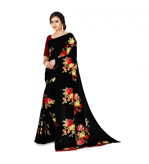 Women's Faux Georgette Printed Saree With Unstitched Blouse 5.5Mtr (Black)
