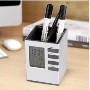 Generic Plastic Pen Holder With LCD Display Digital Alarm Clock 
