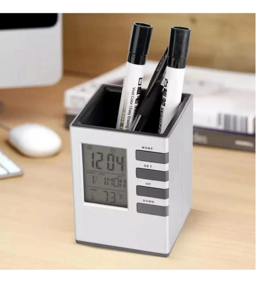 Plastic Pen Holder With LCD Display Digital Alarm Clock 