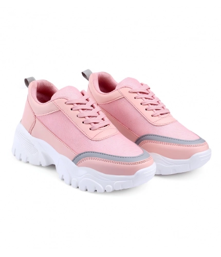 Women's Casual Mesh Printed Lace-Ups Shoes (Pink)