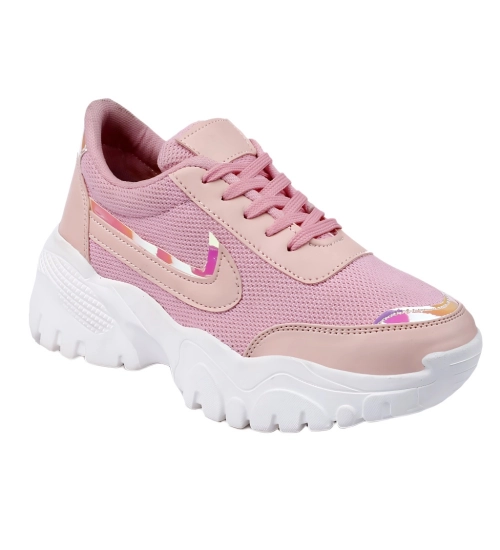 Women's Casual Mesh Printed Lace-Ups Shoes (Pink)