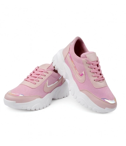 Women's Casual Mesh Printed Lace-Ups Shoes (Pink)