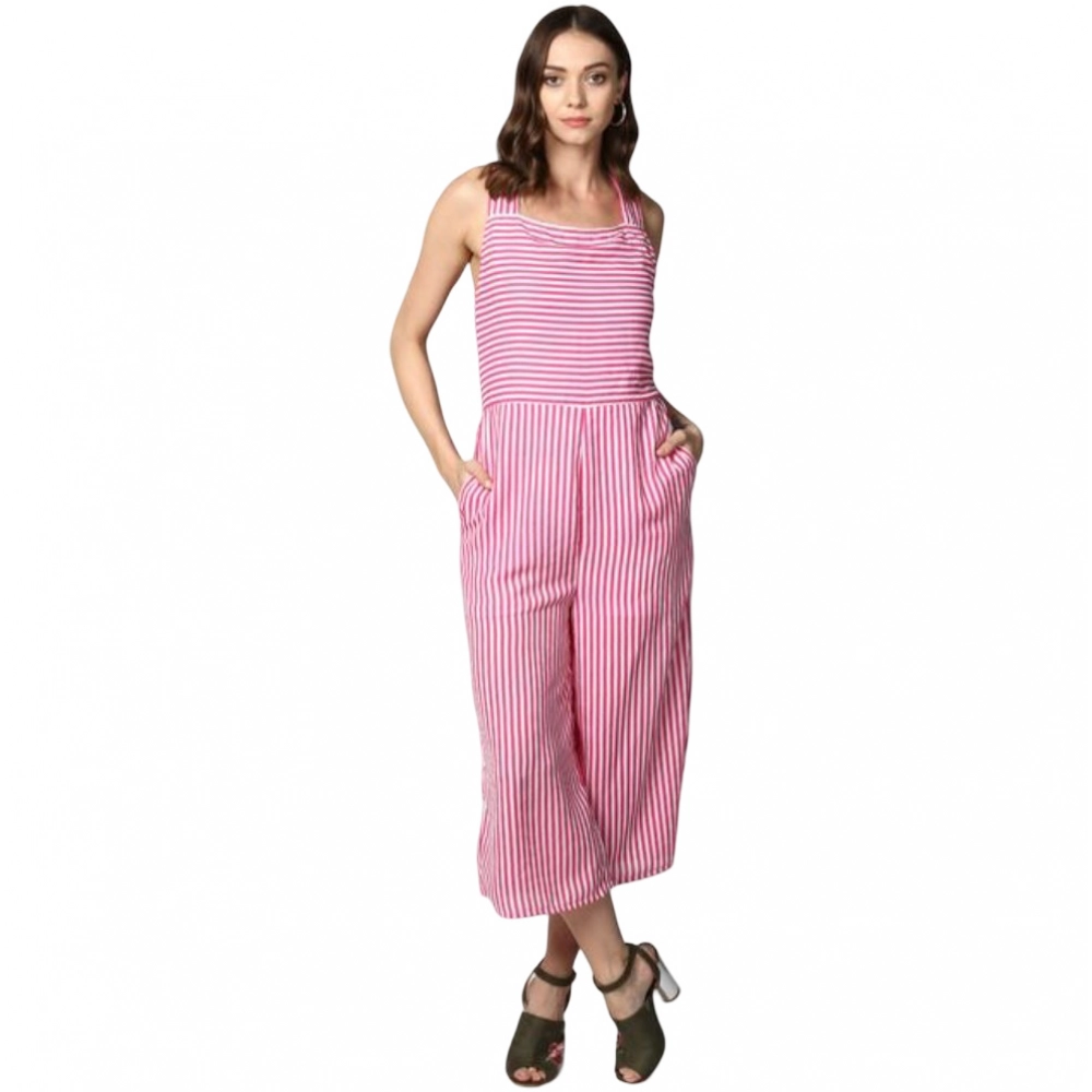 Women's Polyester Striped Sleeveless Jumpsuit (Pink) Women's Polyester Striped Sleeveless Jumpsuit (Pink)