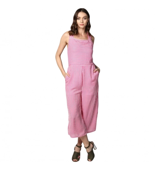 Women's Polyester Striped Sleeveless Jumpsuit (Pink)