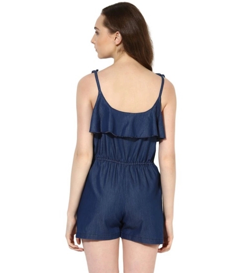 Women's Denim Ruffled Shoulder Straps Jumpsuit (Blue)
