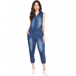 Women's Denim Solid Sleeveless Jumpsuit (Blue)