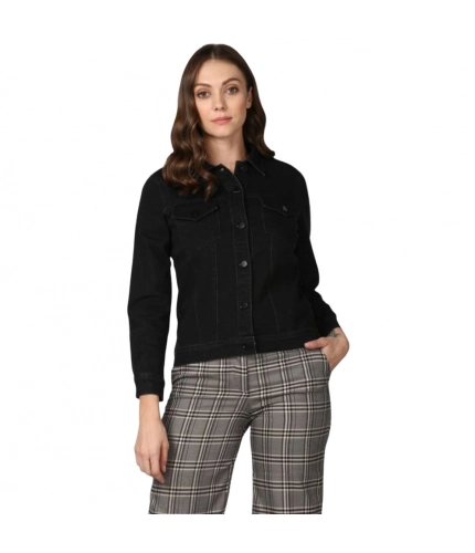 Women's Denim Solid Long Sleeve Jacket (Black)