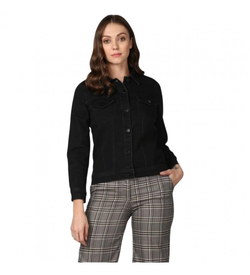 Women's Denim Solid Long Sleeve Jacket (Black)