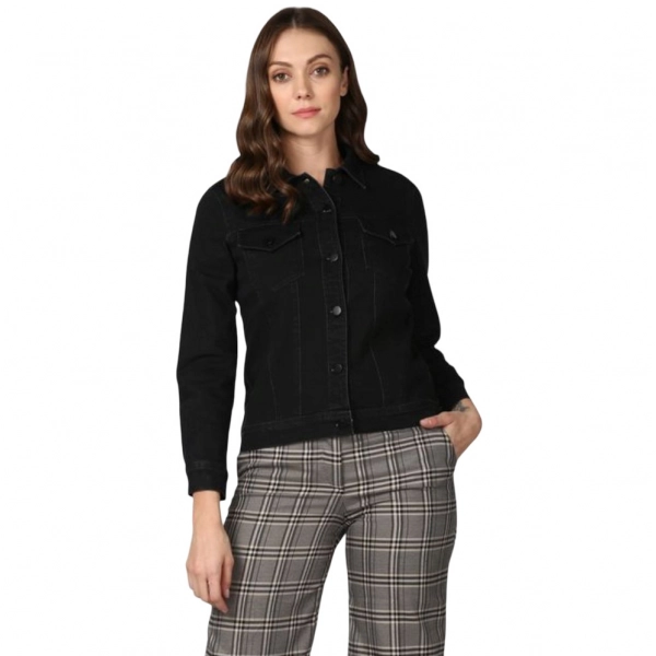 Dropship Women's Denim Solid Long Sleeve Jacket (Black)