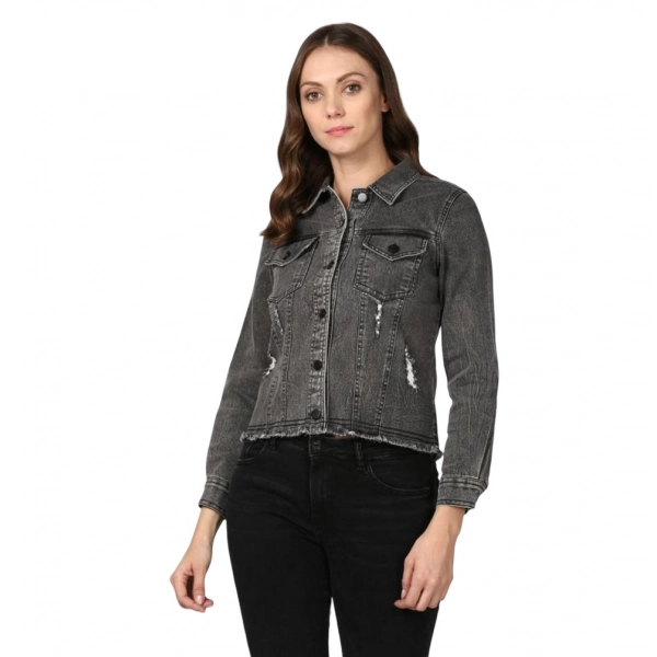 Dropship Women's Denim Distressed Long Sleeve Jacket (Black)