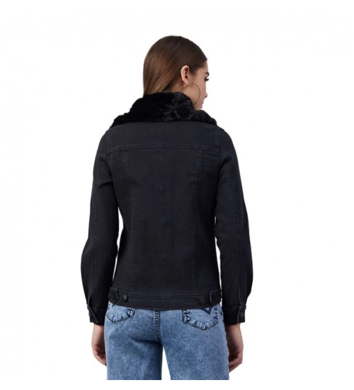 Women's Denim & Faux Fur Washed Long Sleeve Jacket (Black) Women's Denim & Faux Fur Washed Long Sleeve Jacket (Black)
