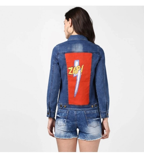 Women's Denim Hand Painted Long Sleeve Jacket (Blue) Women's Denim Hand Painted Long Sleeve Jacket (Blue)