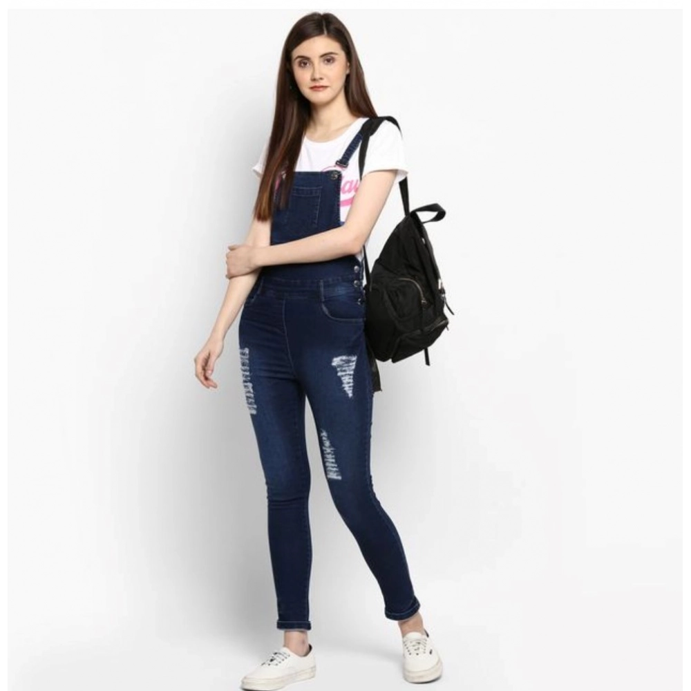 Women's Denim Solid Dungaree Pant (Blue)