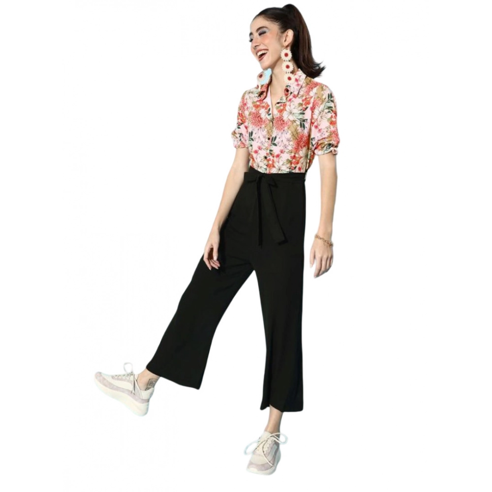 Women's Polyester Printed 3/4th Sleeve Jumpsuit (Peach - Black) Women's Polyester Printed 3/4th Sleeve Jumpsuit (Peach - Black)