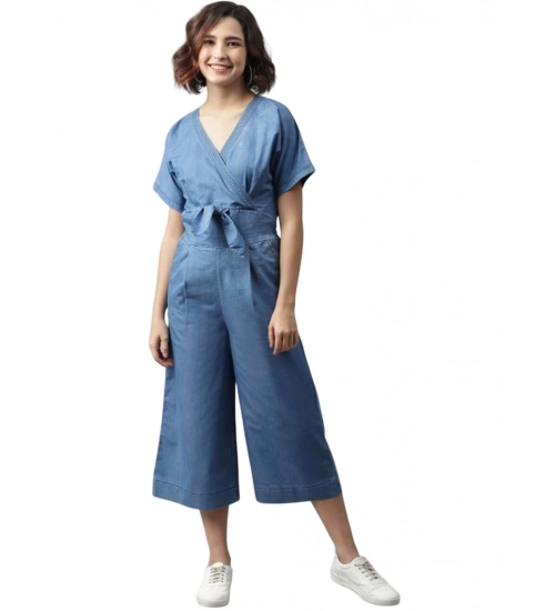 Women's Denim Solid Half Sleeve Jumpsuit (Blue)