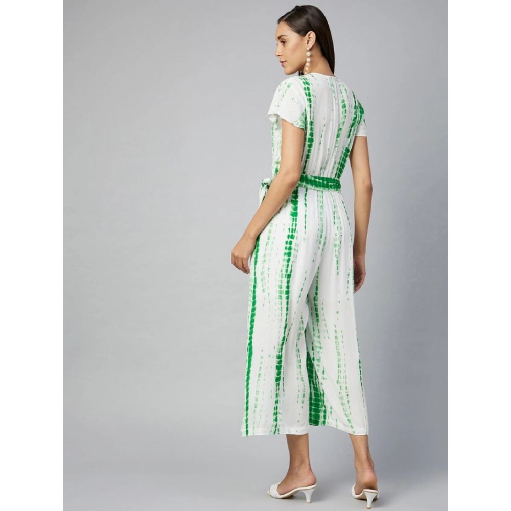 Women's Rayon Striped Short Sleeve Jumpsuit (Green - White) Women's Rayon Striped Short Sleeve Jumpsuit (Green - White)