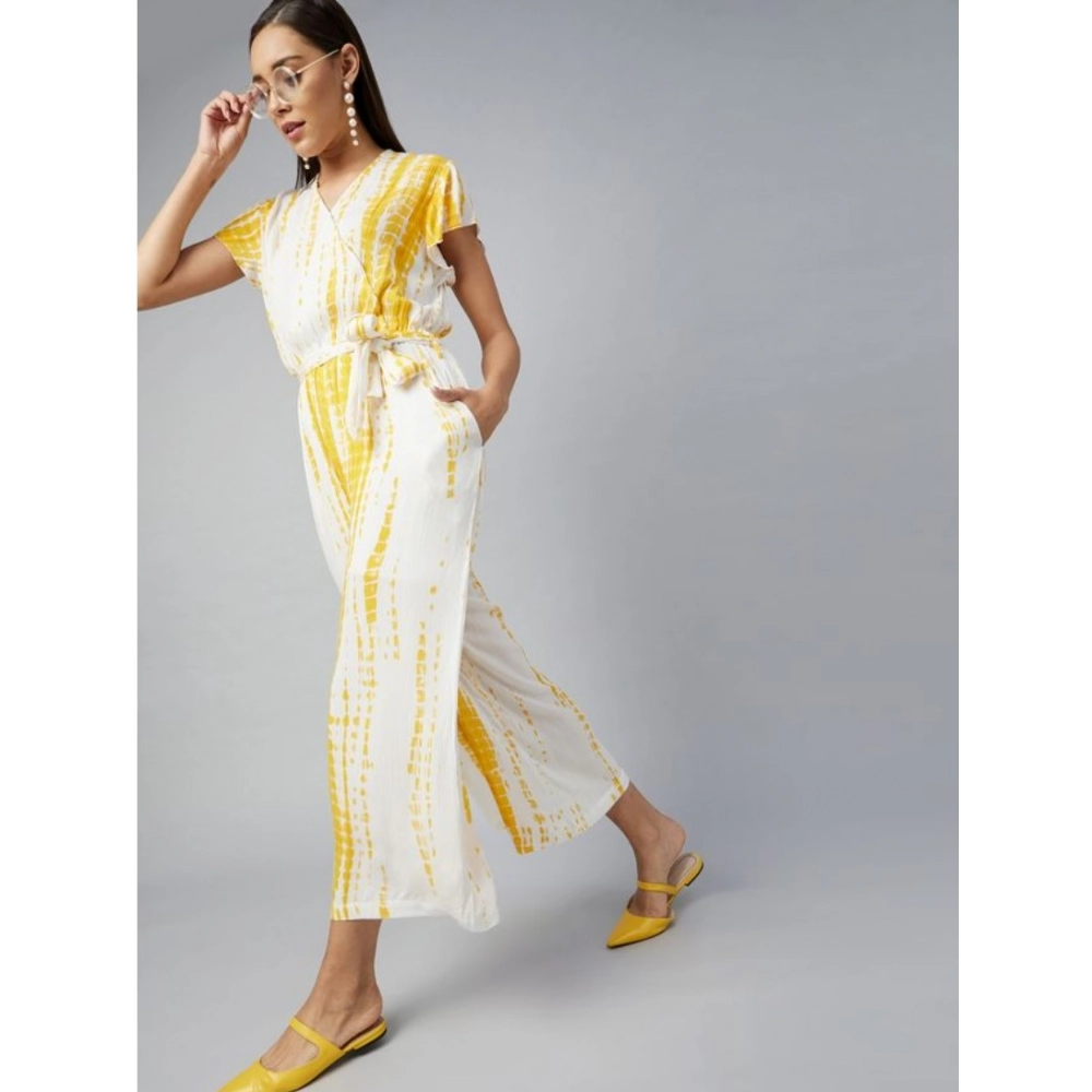 Women's Rayon Striped Short Sleeve Jumpsuit (Yellow - White) Women's Rayon Striped Short Sleeve Jumpsuit (Yellow - White)
