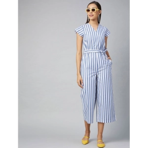 Generic Women's Cotton-Polyester Blend Striped Short Sleeve Jumpsuit (Blue)
