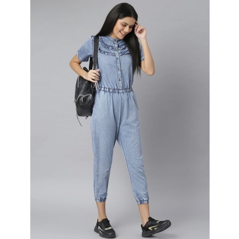 Women's Denim Self Design Tie Ups Jumpsuit (Blue) Women's Denim Self Design Tie Ups Jumpsuit (Blue)