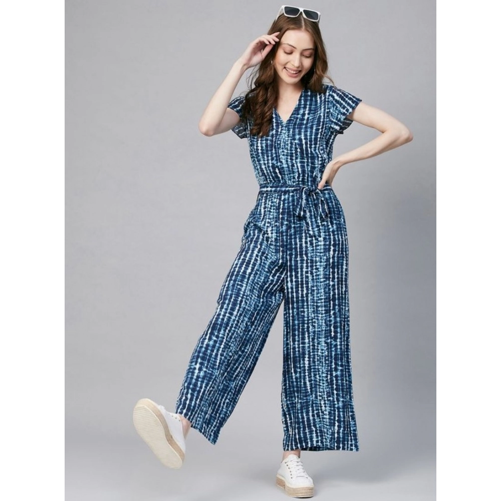 Women's Rayon Tie & Dye Short Sleeve Jumpsuit (Blue) Women's Rayon Tie & Dye Short Sleeve Jumpsuit (Blue)