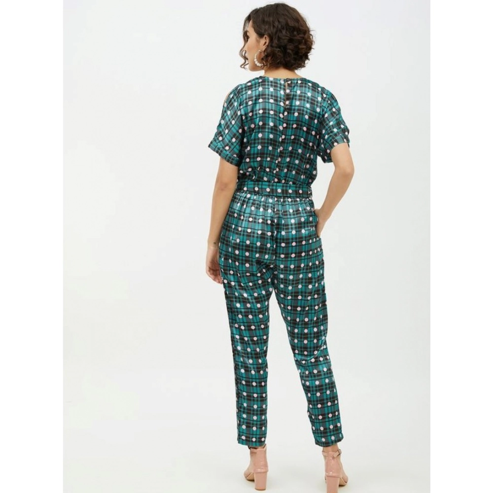 Women's Polyester Polka Short Sleeve Jumpsuit (Green) Women's Polyester Polka Short Sleeve Jumpsuit (Green)