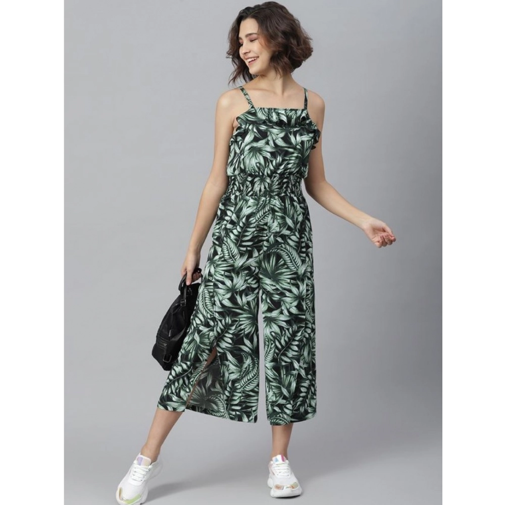 Women's Polyester Printed Shoulder Straps Jumpsuit (Black - Green)