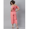Dropship Women's Polyester Floral Cold Shoulder Jumpsuit (Pink)