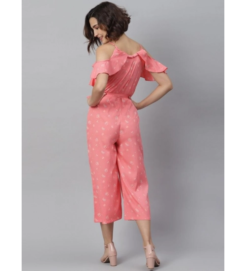 Women's Polyester Floral Cold Shoulder Jumpsuit (Pink)