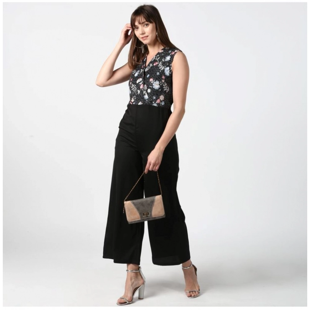 Women's Polyester Embroidered Sleeveless Jumpsuit (Black) Women's Polyester Embroidered Sleeveless Jumpsuit (Black)