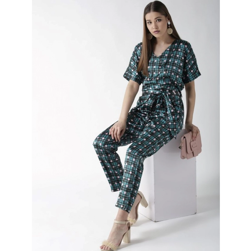 Women's Polyester Polka Half Sleeve Jumpsuit (Green)