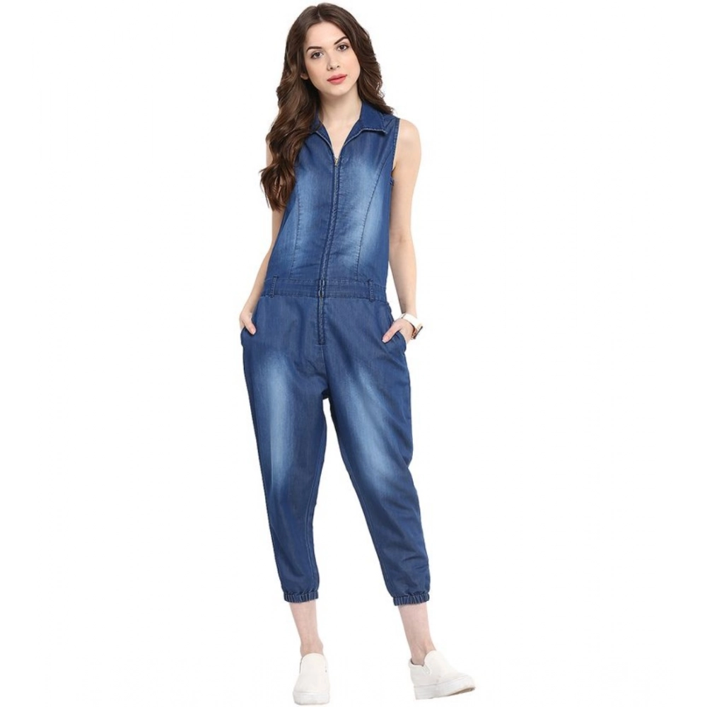 Women's Denim Solid Sleeveless Jumpsuit (Blue)